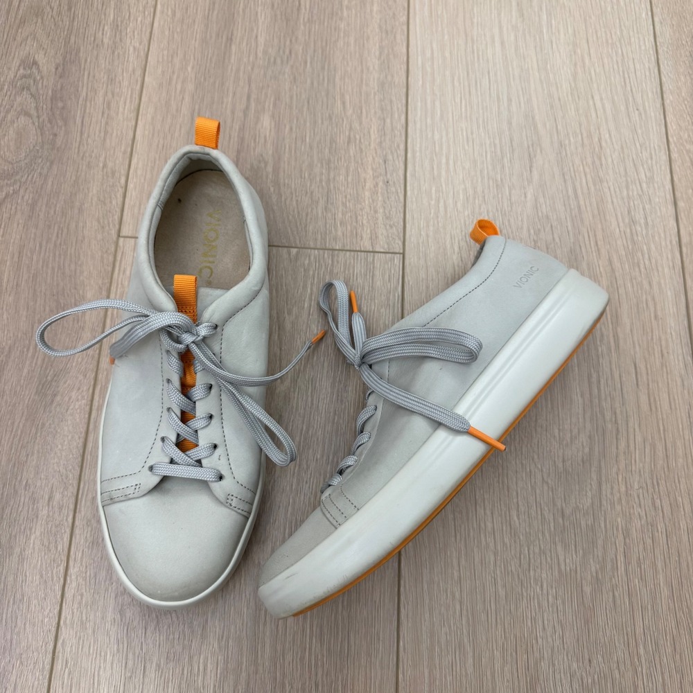 CC Vionic Winny Leather Sneakers Grey Orange Low Top Orthotic Lace Up Shoes Sz 8